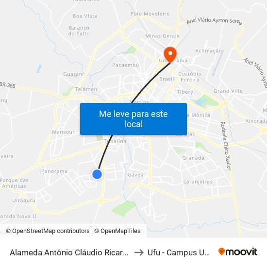 Alameda Antônio Cláudio Ricardo Souza, 220 to Ufu - Campus Umuarama map