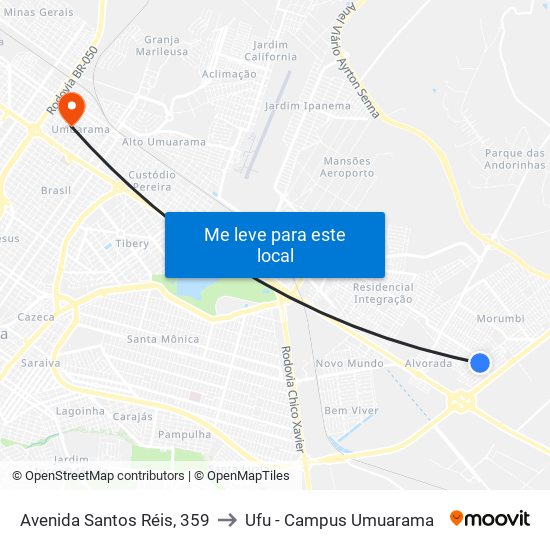 Avenida Santos Réis, 359 to Ufu - Campus Umuarama map