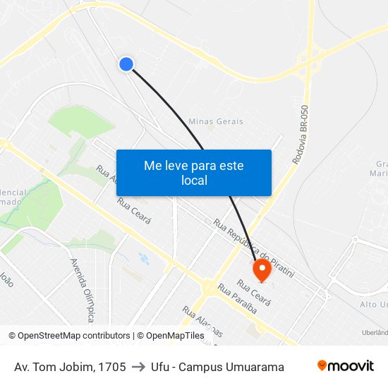 Av. Tom Jobim, 1705 to Ufu - Campus Umuarama map