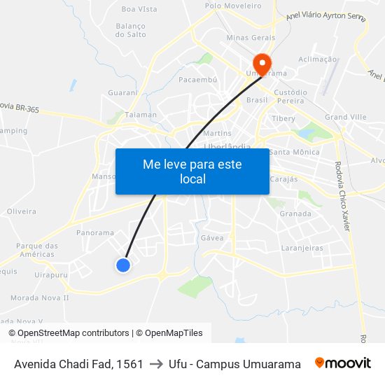 Avenida Chadi Fad, 1561 to Ufu - Campus Umuarama map