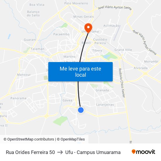 Rua Orides Ferreira 50 to Ufu - Campus Umuarama map