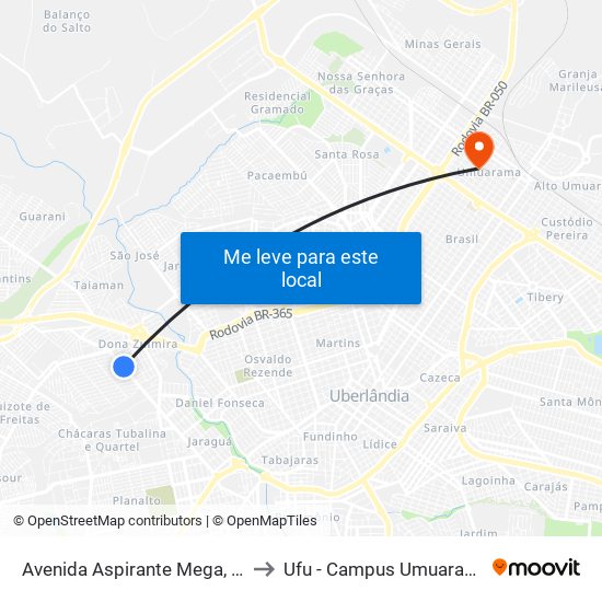 Avenida Aspirante Mega, 15 to Ufu - Campus Umuarama map