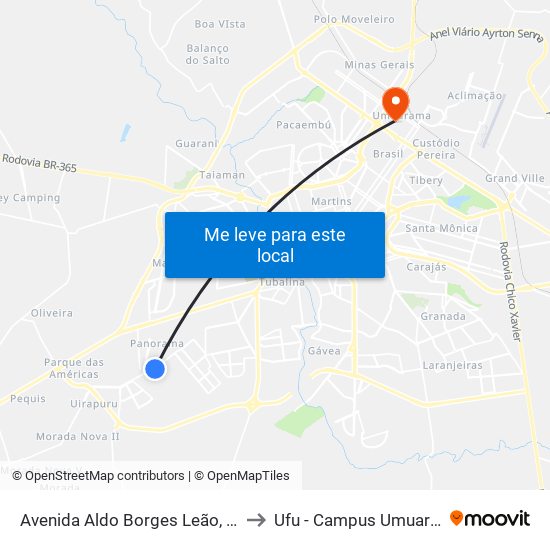 Avenida Aldo Borges Leão, 2231 to Ufu - Campus Umuarama map