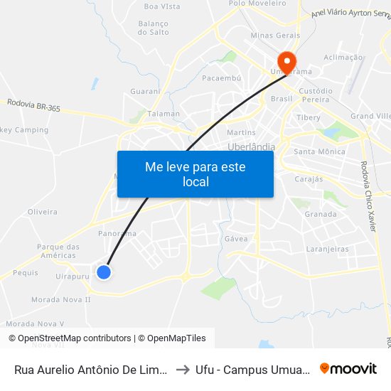 Rua Aurelio Antônio De Lima, 349 to Ufu - Campus Umuarama map