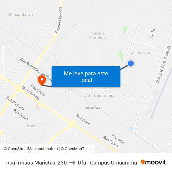 Rua Irmãos Maristas, 230 to Ufu - Campus Umuarama map