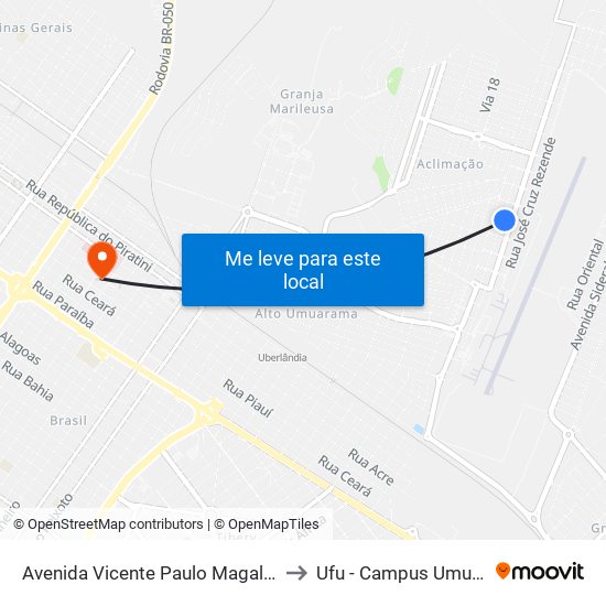 Avenida Vicente Paulo Magalhães, 96 to Ufu - Campus Umuarama map