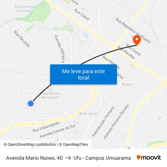 Avenida Mario Nunes, 40 to Ufu - Campus Umuarama map