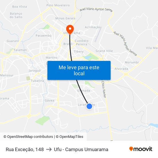 Rua Exceção, 148 to Ufu - Campus Umuarama map