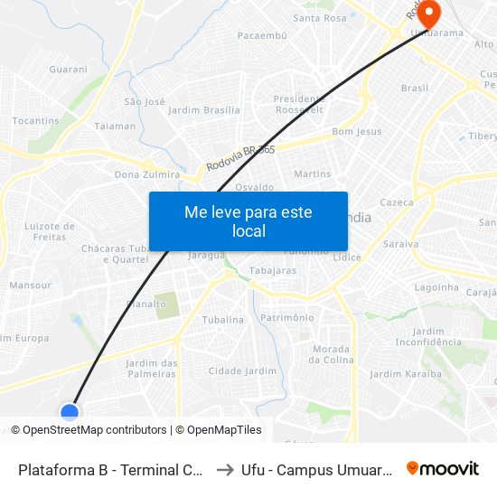 Plataforma B - Terminal Canaã to Ufu - Campus Umuarama map