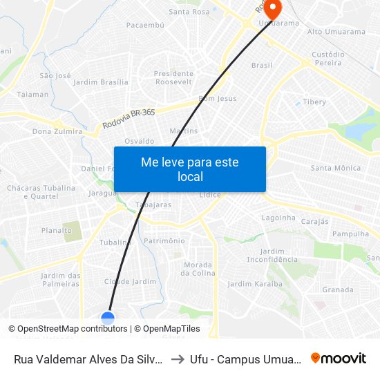 Rua Valdemar Alves Da Silva, 225 to Ufu - Campus Umuarama map