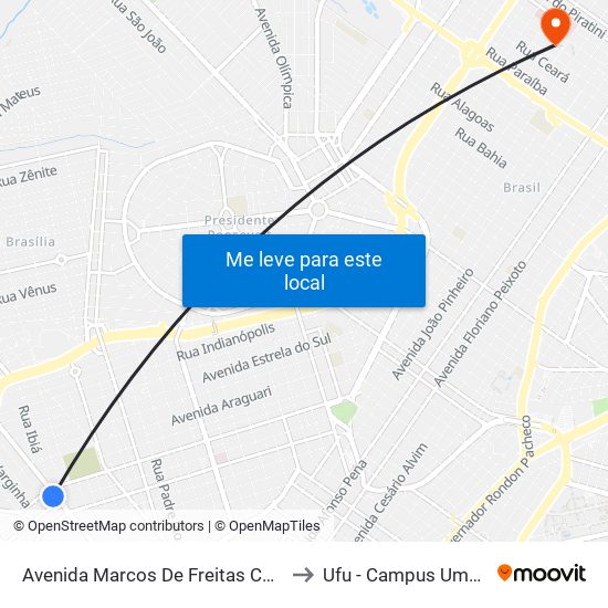 Avenida Marcos De Freitas Costa, 1055 to Ufu - Campus Umuarama map