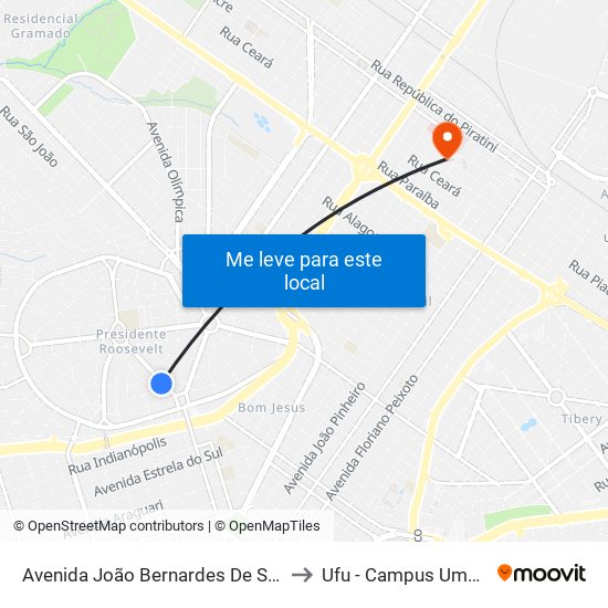 Avenida João Bernardes De Souza, 135 to Ufu - Campus Umuarama map