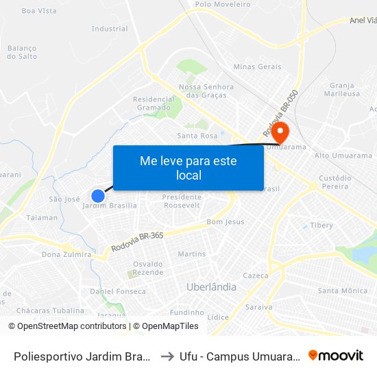 Poliesportivo Jardim Brasília to Ufu - Campus Umuarama map