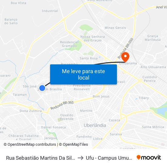 Rua Sebastião Martins Da Silva, 105 to Ufu - Campus Umuarama map