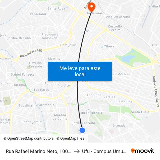 Rua Rafael Marino Neto, 1006-1160 to Ufu - Campus Umuarama map