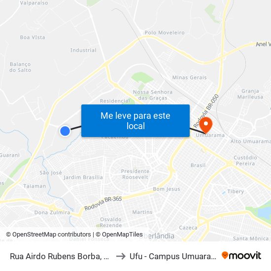 Rua Airdo Rubens Borba, 253 to Ufu - Campus Umuarama map