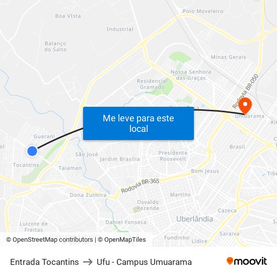 Entrada Tocantins to Ufu - Campus Umuarama map