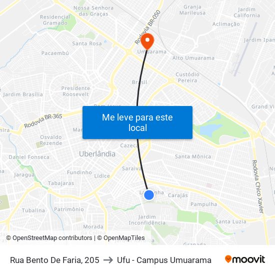 Rua Bento De Faria, 205 to Ufu - Campus Umuarama map