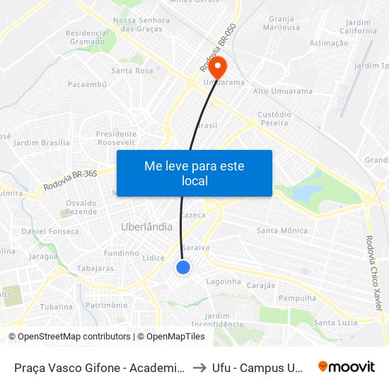 Praça Vasco Gifone - Academia Ao Ar Livre to Ufu - Campus Umuarama map