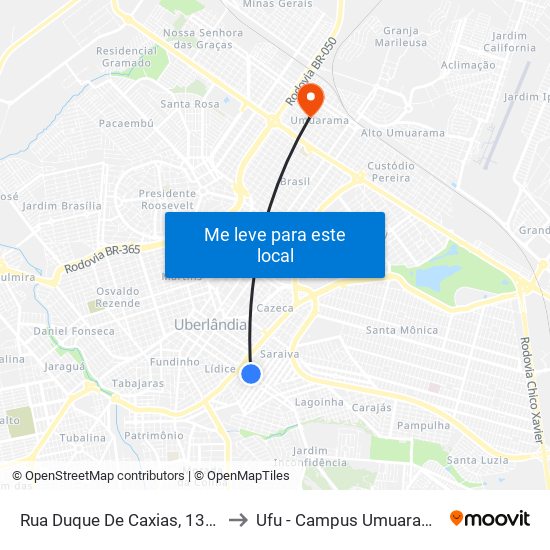 Rua Duque De Caxias, 1383 to Ufu - Campus Umuarama map