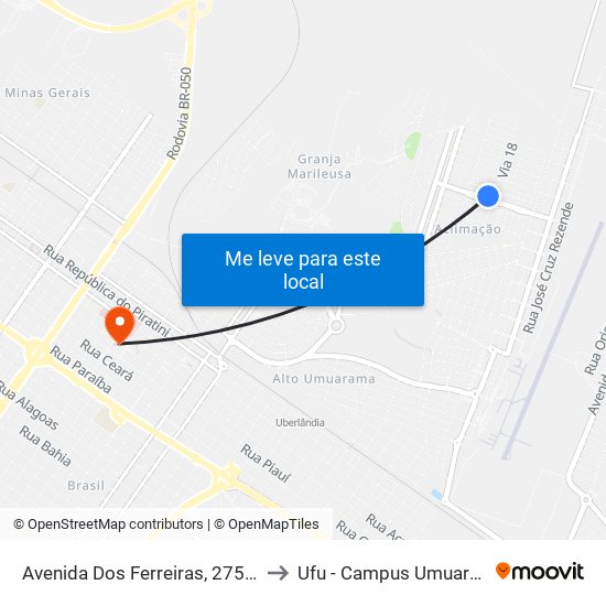 Avenida Dos Ferreiras, 275-475 to Ufu - Campus Umuarama map
