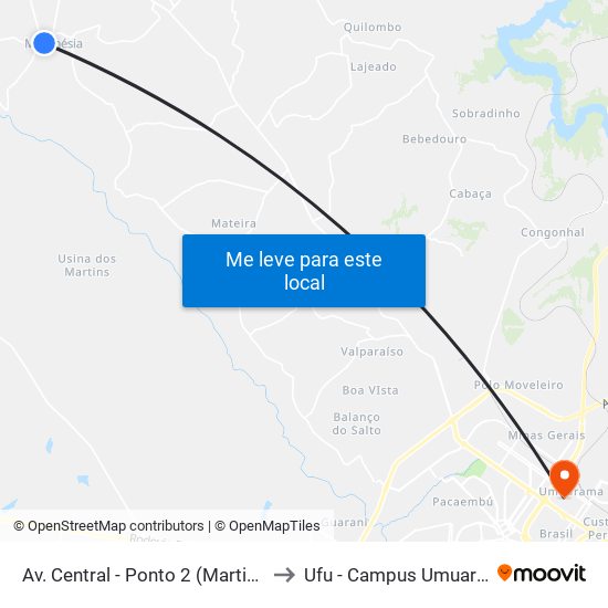 Av. Central - Ponto 2 (Martinésia) to Ufu - Campus Umuarama map