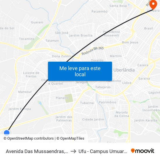 Avenida Das Mussaendras, 220 to Ufu - Campus Umuarama map