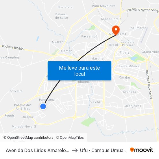 Avenida Dos Lírios Amarelos, 845 to Ufu - Campus Umuarama map