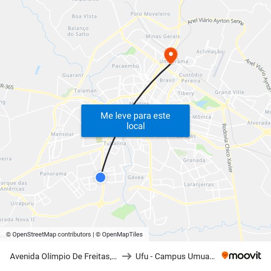 Avenida Olímpio De Freitas, 1118 to Ufu - Campus Umuarama map