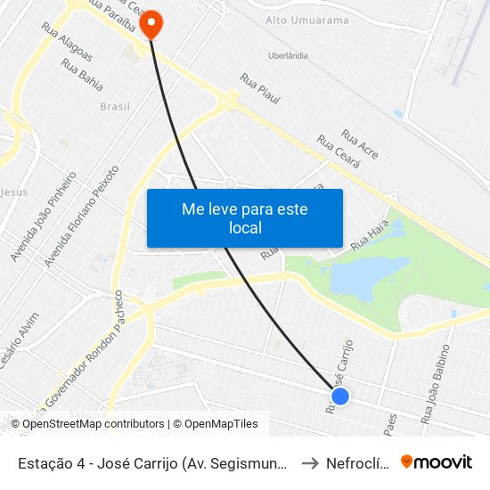Estação 4 - José Carrijo (Av. Segismundo Pereira) to Nefroclínica map