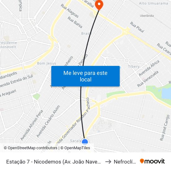 Estação 7 - Nicodemos (Av. João Naves De Ávila) to Nefroclínica map