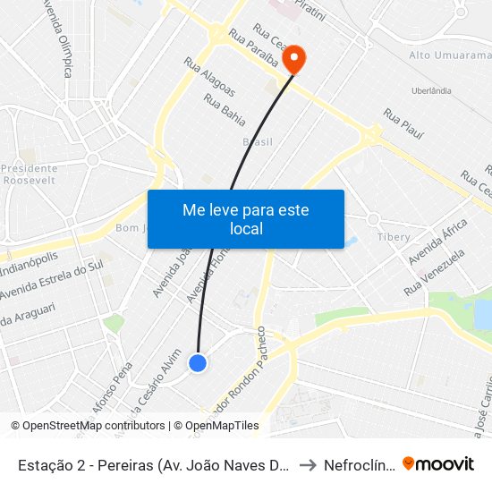 Estação 2 - Pereiras (Av. João Naves De Ávila) to Nefroclínica map