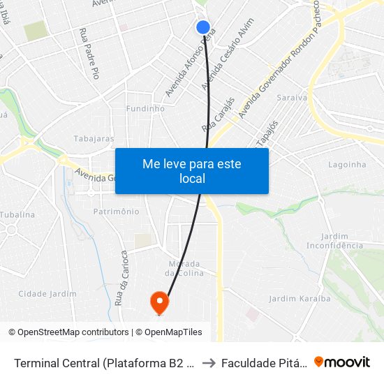 Terminal Central (Plataforma B2 - Amarelo) to Faculdade Pitágoras map