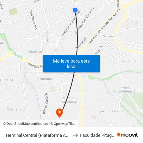 Terminal Central (Plataforma A2 - Azul) to Faculdade Pitágoras map