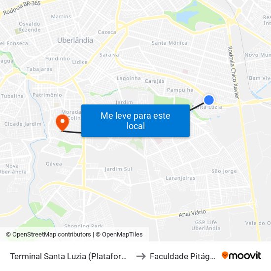 Terminal Santa Luzia (Plataforma B2) to Faculdade Pitágoras map