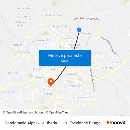 Condomínio Alphaville Uberlândia to Faculdade Pitágoras map