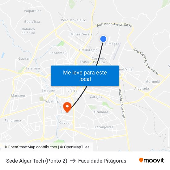 Sede Algar Tech (Ponto 2) to Faculdade Pitágoras map