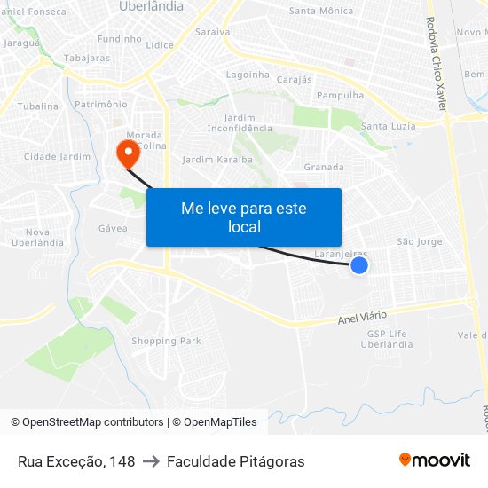 Rua Exceção, 148 to Faculdade Pitágoras map