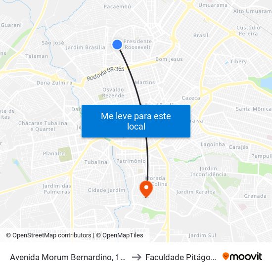 Avenida Morum Bernardino, 1270 to Faculdade Pitágoras map