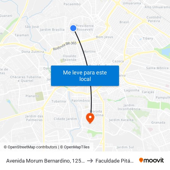 Avenida Morum Bernardino, 1251-1279 to Faculdade Pitágoras map