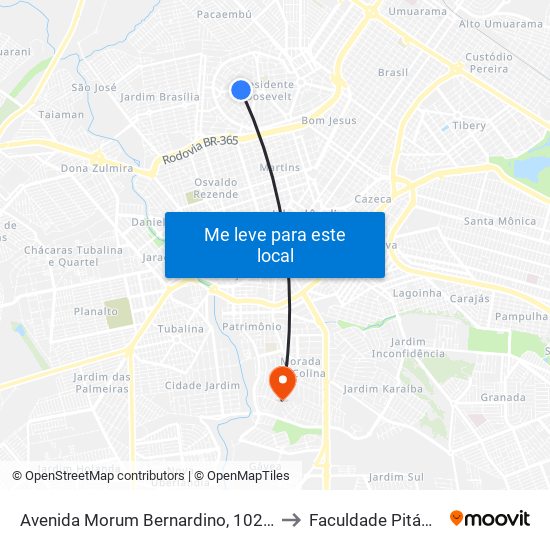 Avenida Morum Bernardino, 1021-1023 to Faculdade Pitágoras map