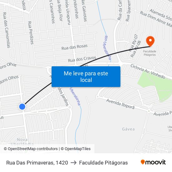 Rua Das Primaveras, 1420 to Faculdade Pitágoras map