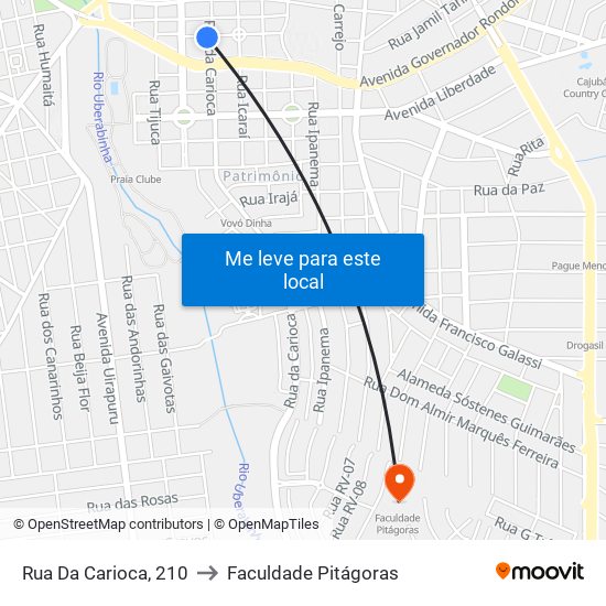 Rua Da Carioca, 210 to Faculdade Pitágoras map