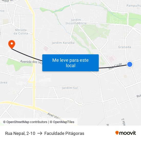 Rua Nepal, 2-10 to Faculdade Pitágoras map