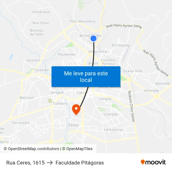 Rua Ceres, 1615 to Faculdade Pitágoras map