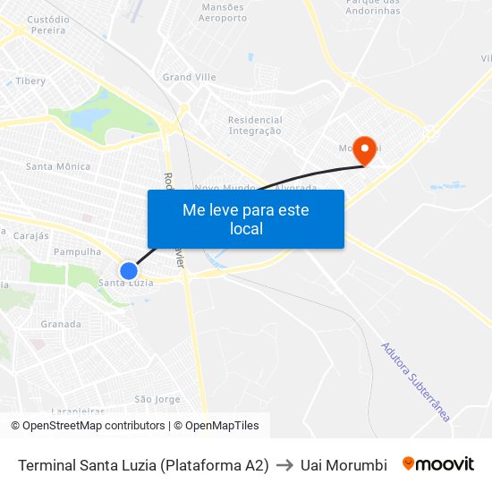 Terminal Santa Luzia (Plataforma A2) to Uai Morumbi map