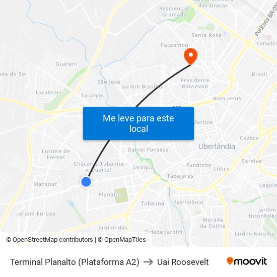 Terminal Planalto (Plataforma A2) to Uai Roosevelt map