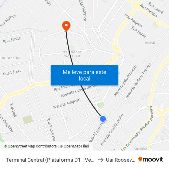 Terminal Central (Plataforma D1 - Verde) to Uai Roosevelt map