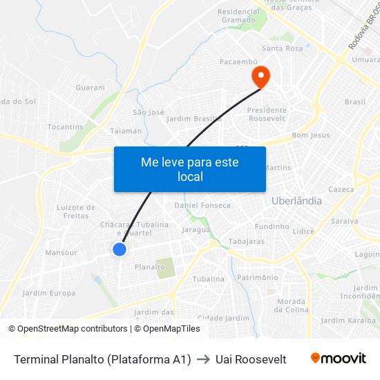 Terminal Planalto (Plataforma A1) to Uai Roosevelt map