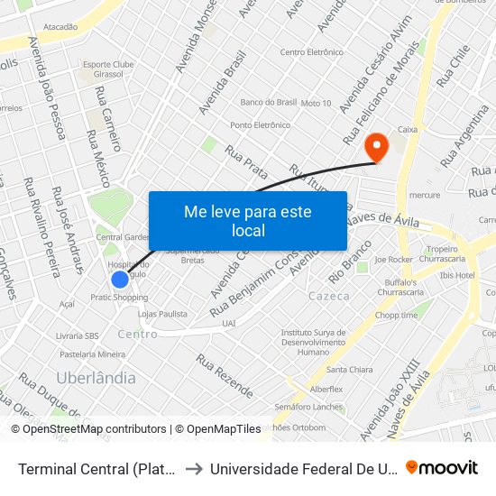 Terminal Central (Plataforma C2 - Vermelho) to Universidade Federal De Uberlândia - Campus Educa map
